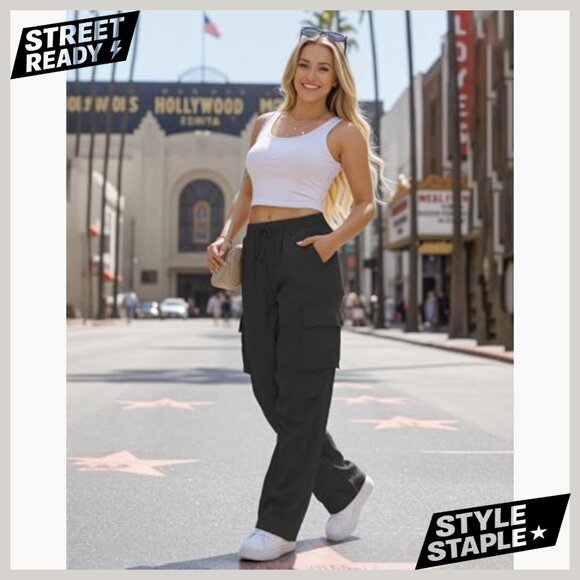 High Waisted Parachute Cargo Pants with 6 Pockets Quick Dry Water-Resistant - Picture 3 of 7